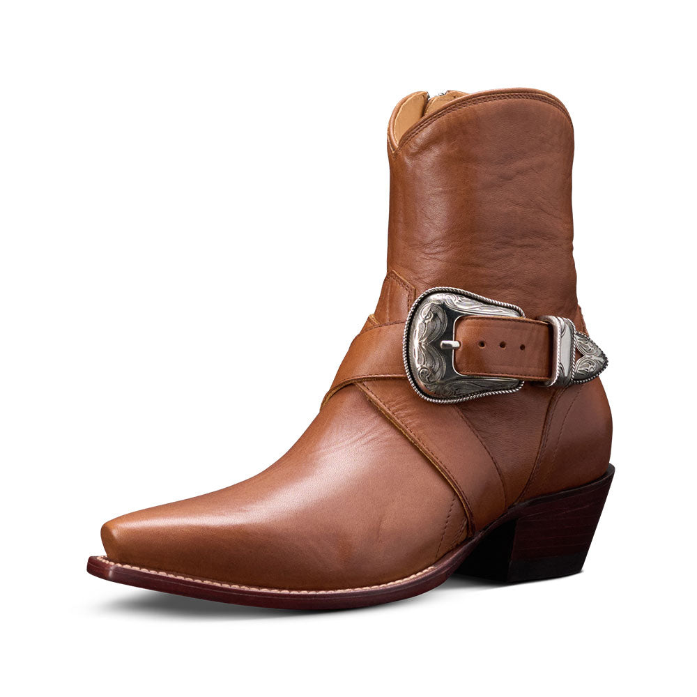 Elegant Snip Toe Criss-Cross Strap Ankle Length Cowgirl Boots in Brown