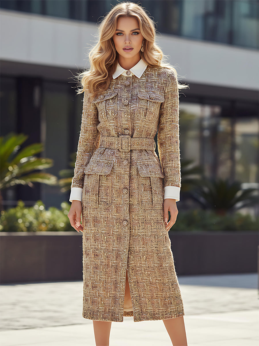 Elegant Vintage Gold Tweed Midi Dress