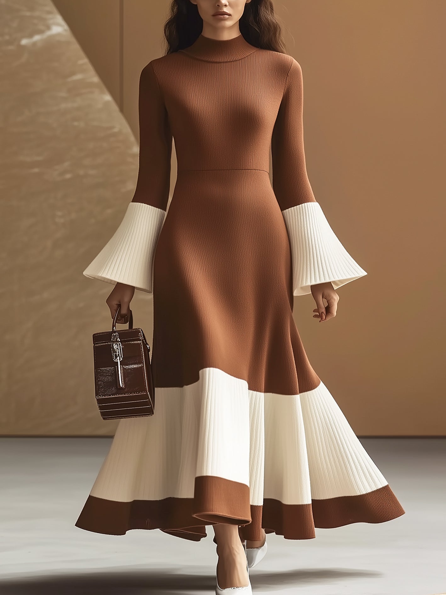 Elegant Turtleneck Contrast Color Knitted Dress With Flared Sleeves