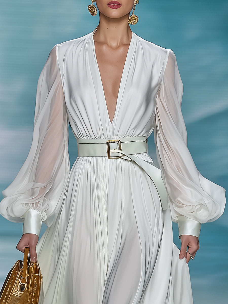 Elegant And Charming White V-neck Lantern Sleeve Maxi Dress