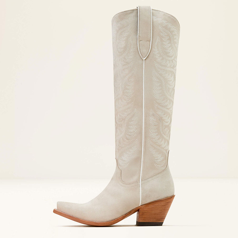 Embroidered Snip Toe Chunky Heel Zip Western Boots for Women in Ivory