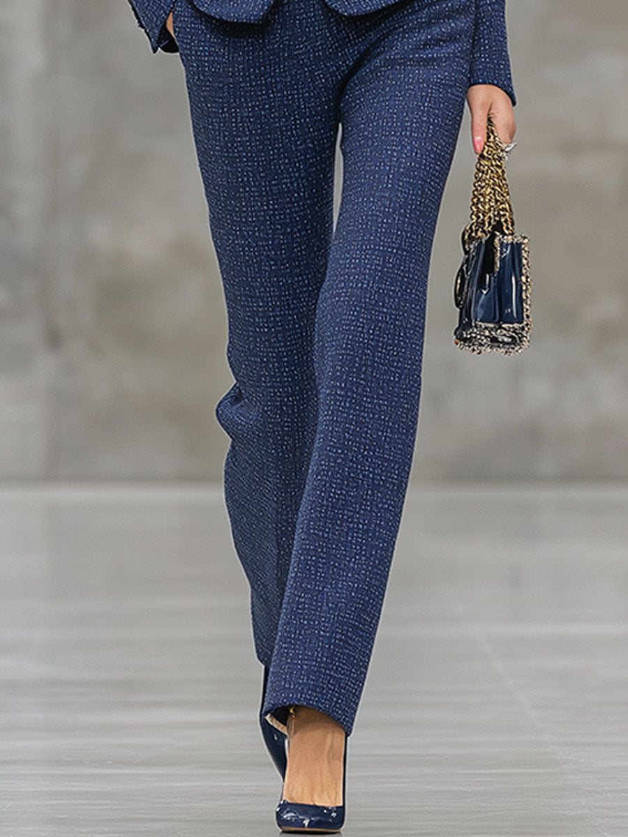 Elegant Vintage Blue Tweed Jacket And Pants Suit