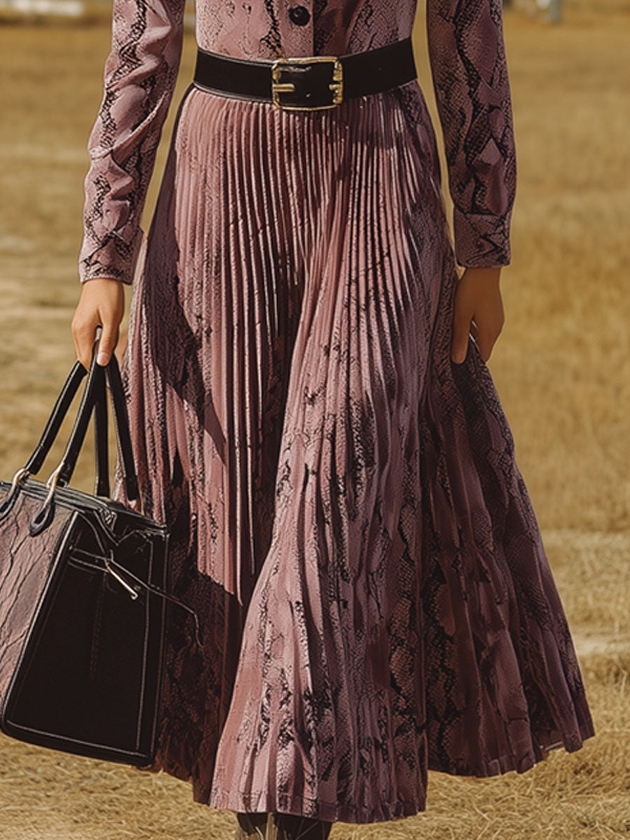 Western Nomadic Retro Purple Velvet Snake Print Pleated Midi Dress
