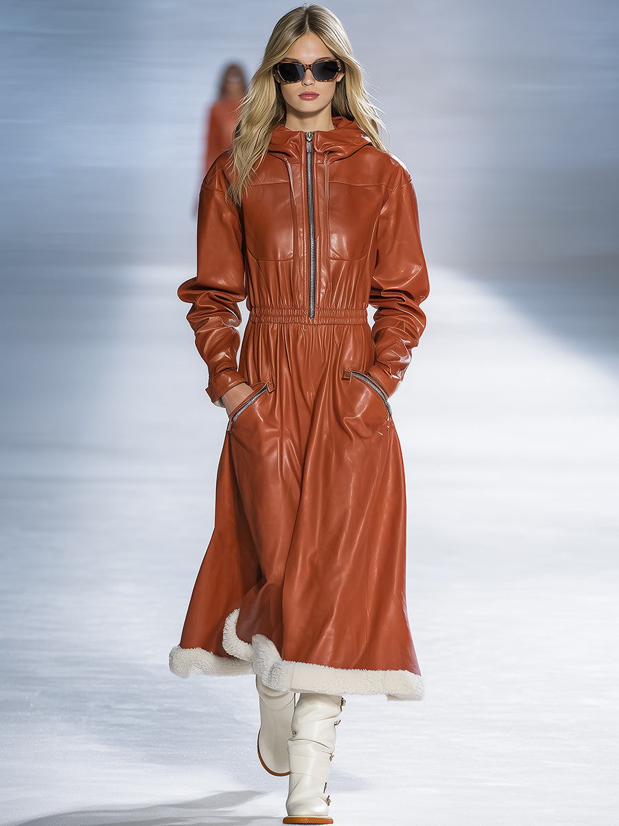 Fashionable Warm Orange Brown Faux Leather Plush Trim Maxi Dress