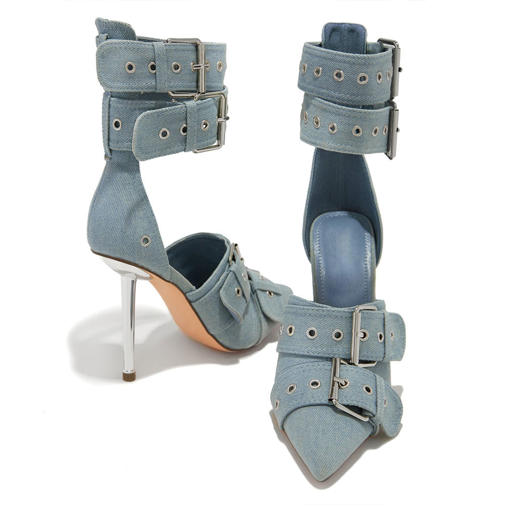Denim Blue Pointy Toe 4'' Metallic Heel Buckle Studded Strappy Pumps