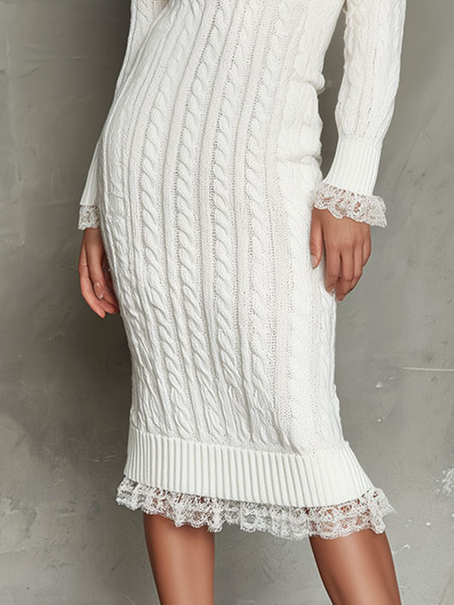Elegant White Cable Knit Sweater Dress With Lace Trim
