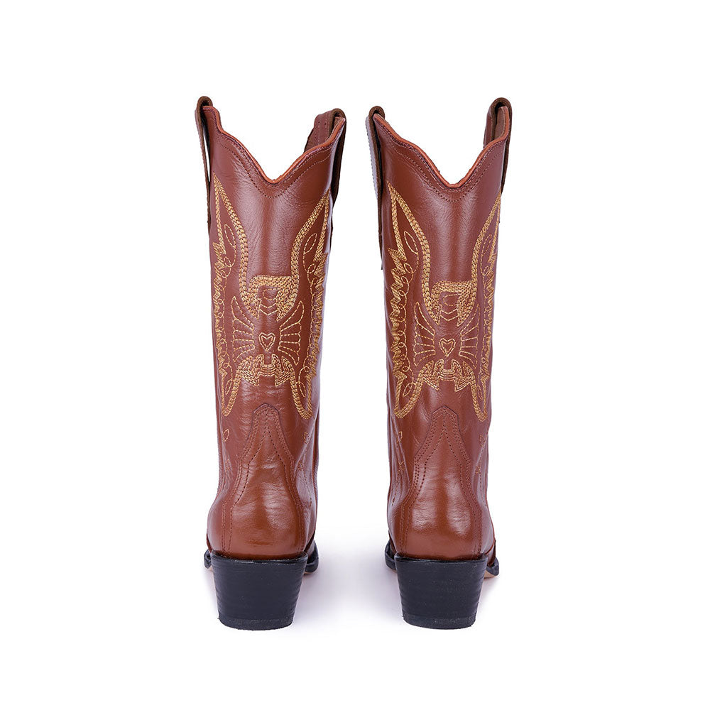 Embroidered Bird Mid-Calf Snip Toe Brown Cowgirl Boots for Women
