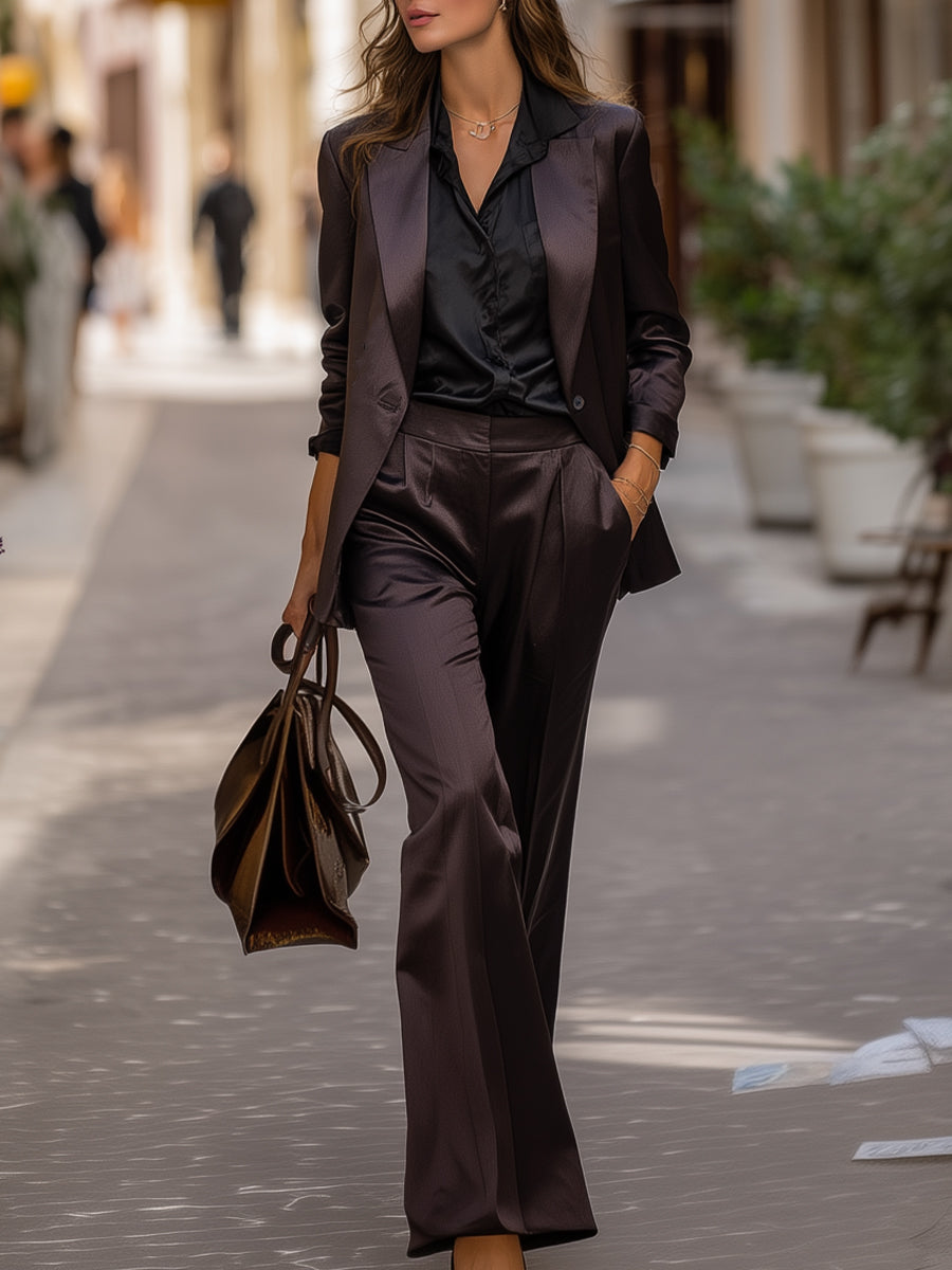 Dark Satin Tailored Pantsuit With Blazer
