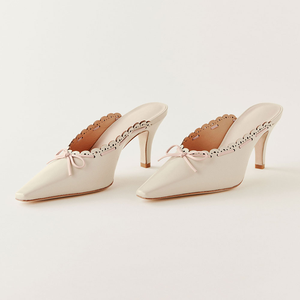 Beige Snip Toe Kitten Heel Wave Edge Mules Shoes with Bow Strap