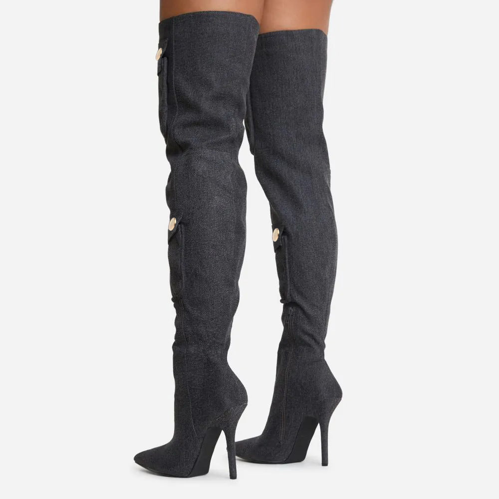 Dark Grey Denim Pocket Pointed Toe Stiletto Heel Zip Thigh Heel Boots