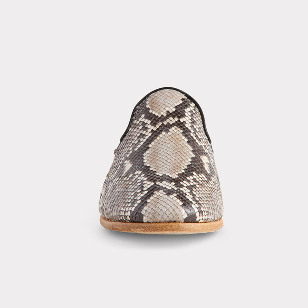 Beige & Black Python Embossed Round Toe Slip-On Flat Mules Shoes