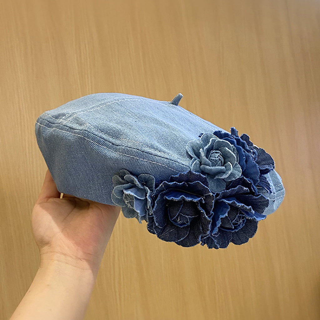 Fashion Color Block 3D Floral Denim Beret
