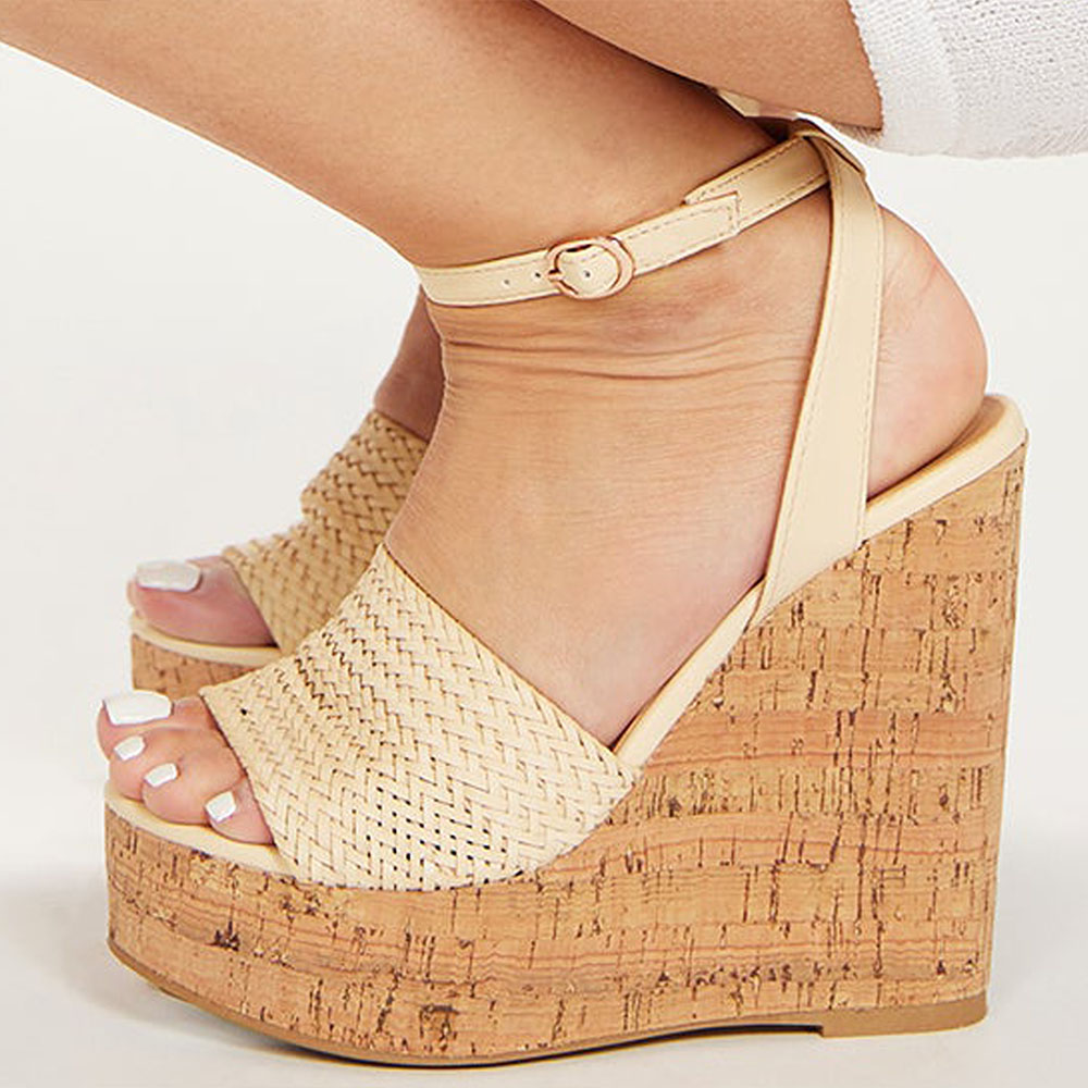 Beige Open Toe Wedge Heel Ankle Strap Platform Sandals