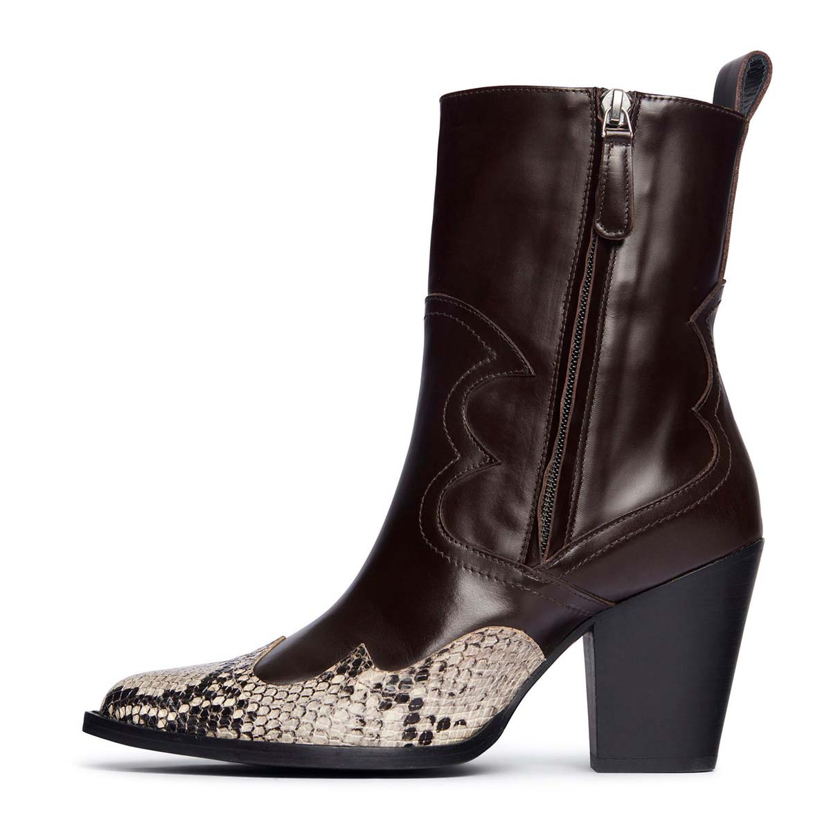 Dark Brown Faux Leather Chunky Heel Short Western Boots with Zipper