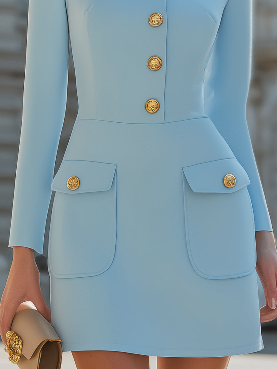 Elegant Sky Blue Gold-Button Mini Dress