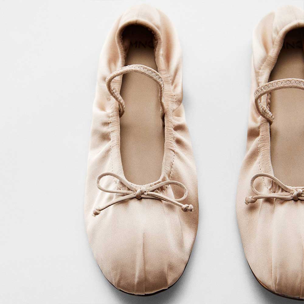 Beige Satin Round Toe Bow-Tie Slip-On Ballet Flat Shoes with Strap