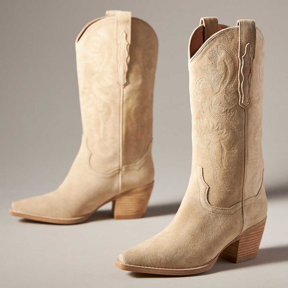 Beige Snip Toe 3'' Chunky Heel Embroidered Mid-Calf Cowgirl Boots