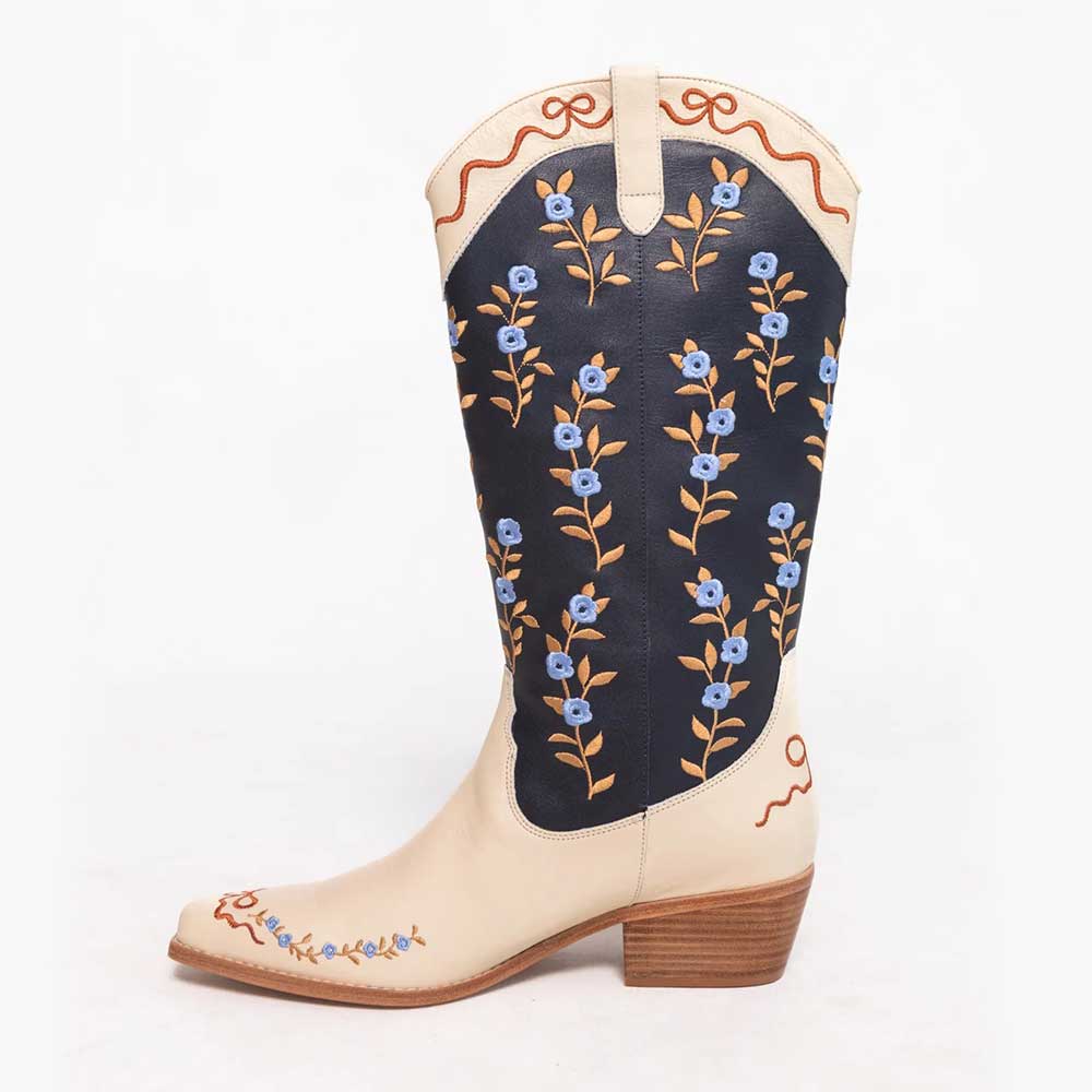 Beige and Navy Floral Embroidered Chunky Heel Wide Calf Cowgirl Boots