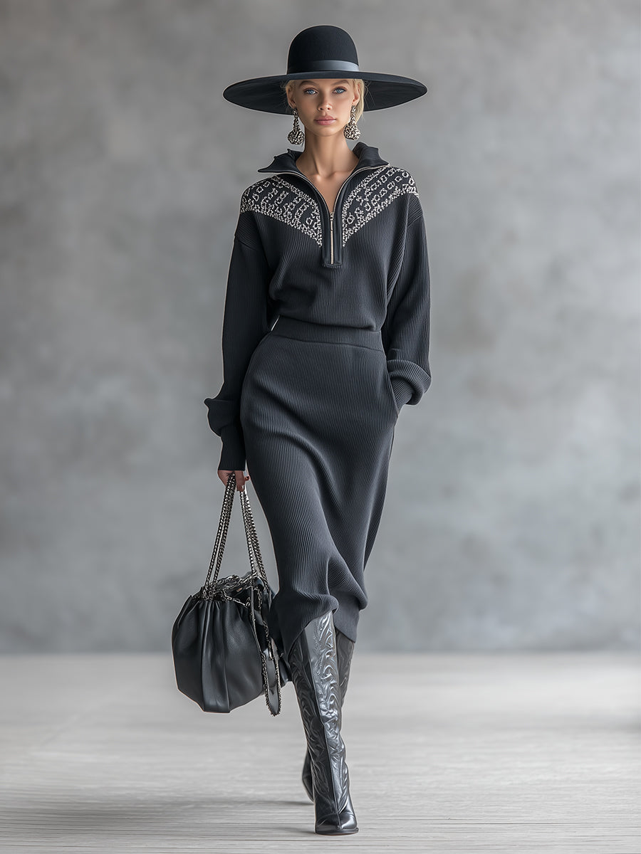 Fashionable And Casual Patterned Gray Half-zip Knitted Long-sleeved Midi Dress