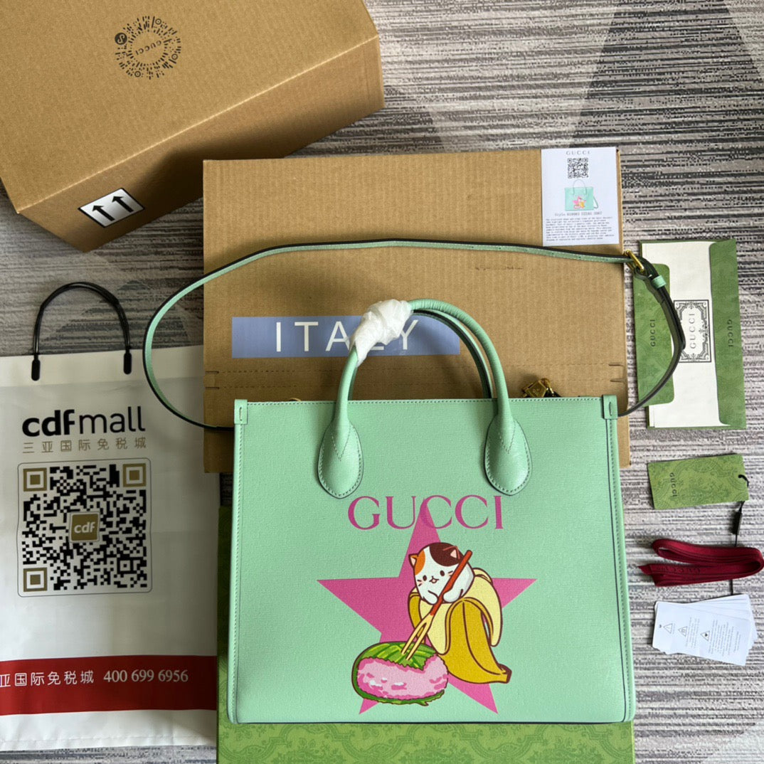 gg Bananya Print Small Tote Green For Women, Women’s Bags 12.2in/31cm gg 659983 U22AG 3067