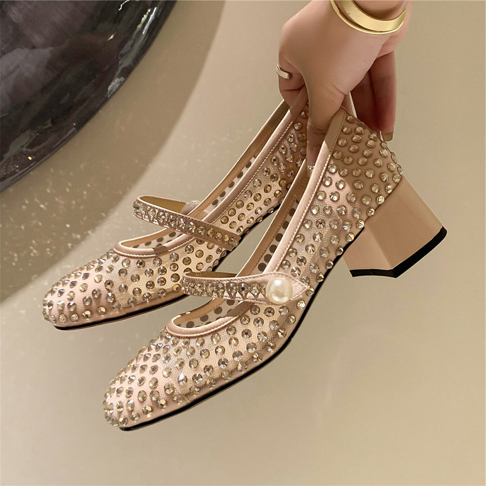 Beige Mesh Closed Toe Chunky Heel Rhinestone Pumps