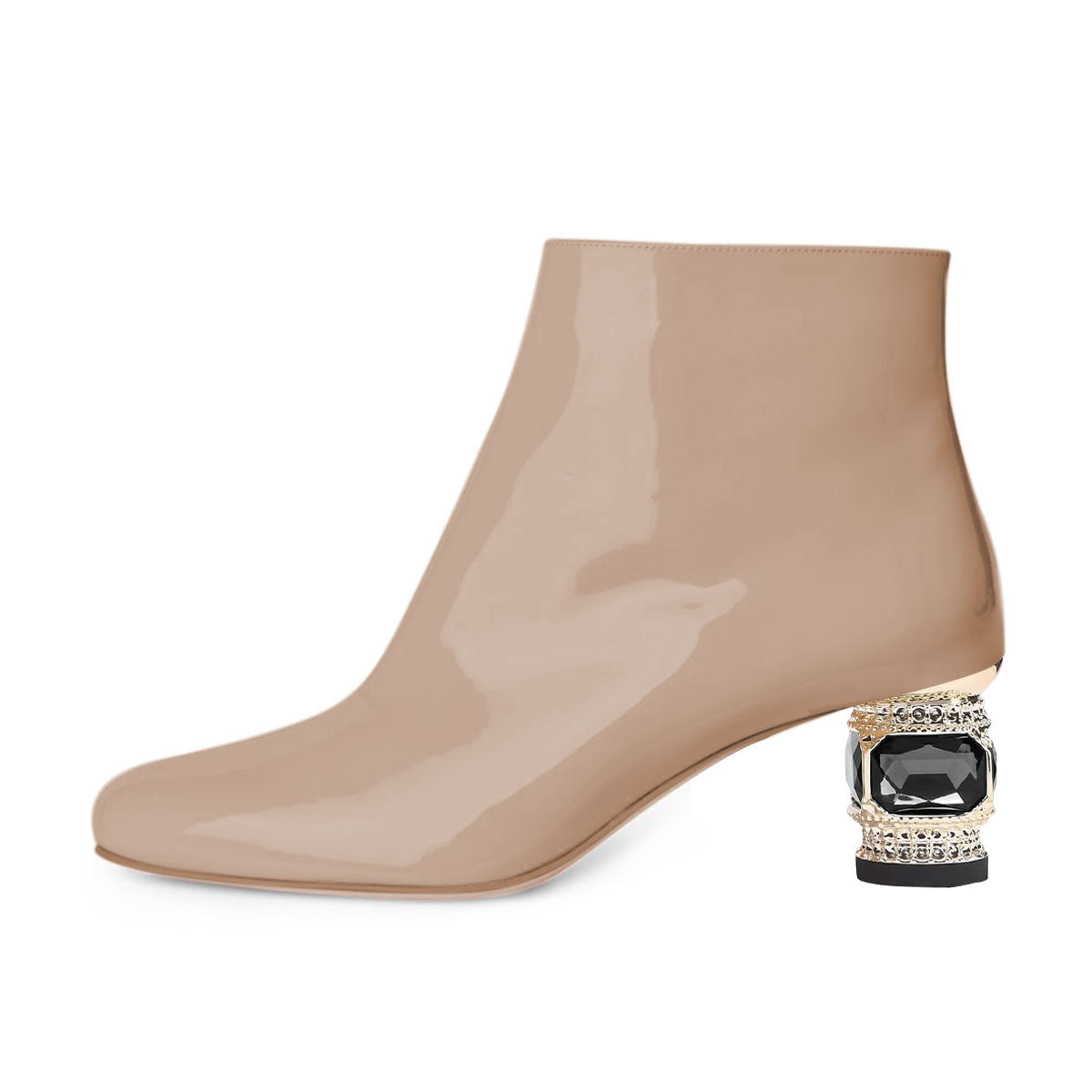 Beige Patent Leather Round Toe Decorative Heel Side-Zip Ankle Boots