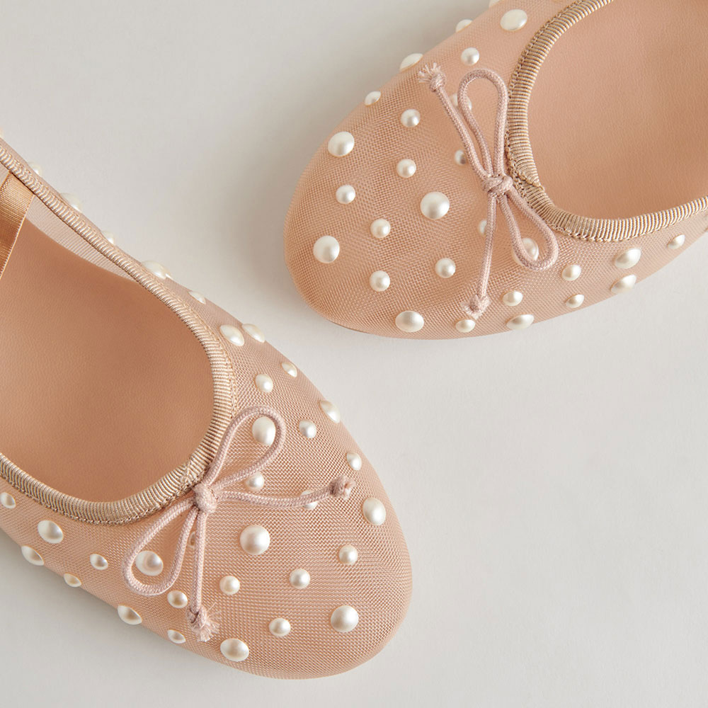 Beige Mesh Round Toe Flat Pearl Sophisticated Embellished Ballet Shoes