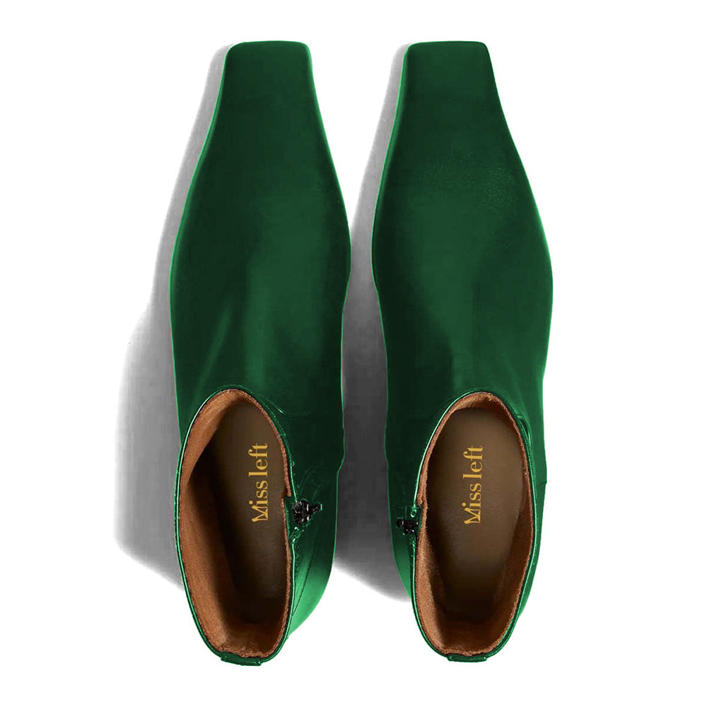 Dark Green Square Toe Low Heel Ankle Boots for Women with Zipper