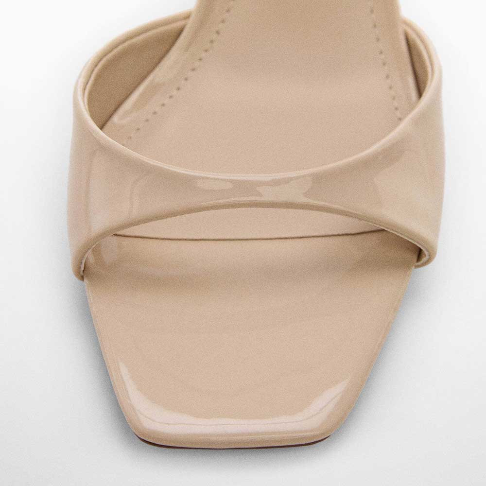 Beige Patent Leather Square Toe Stiletto Heel Ankle Strap Sandals