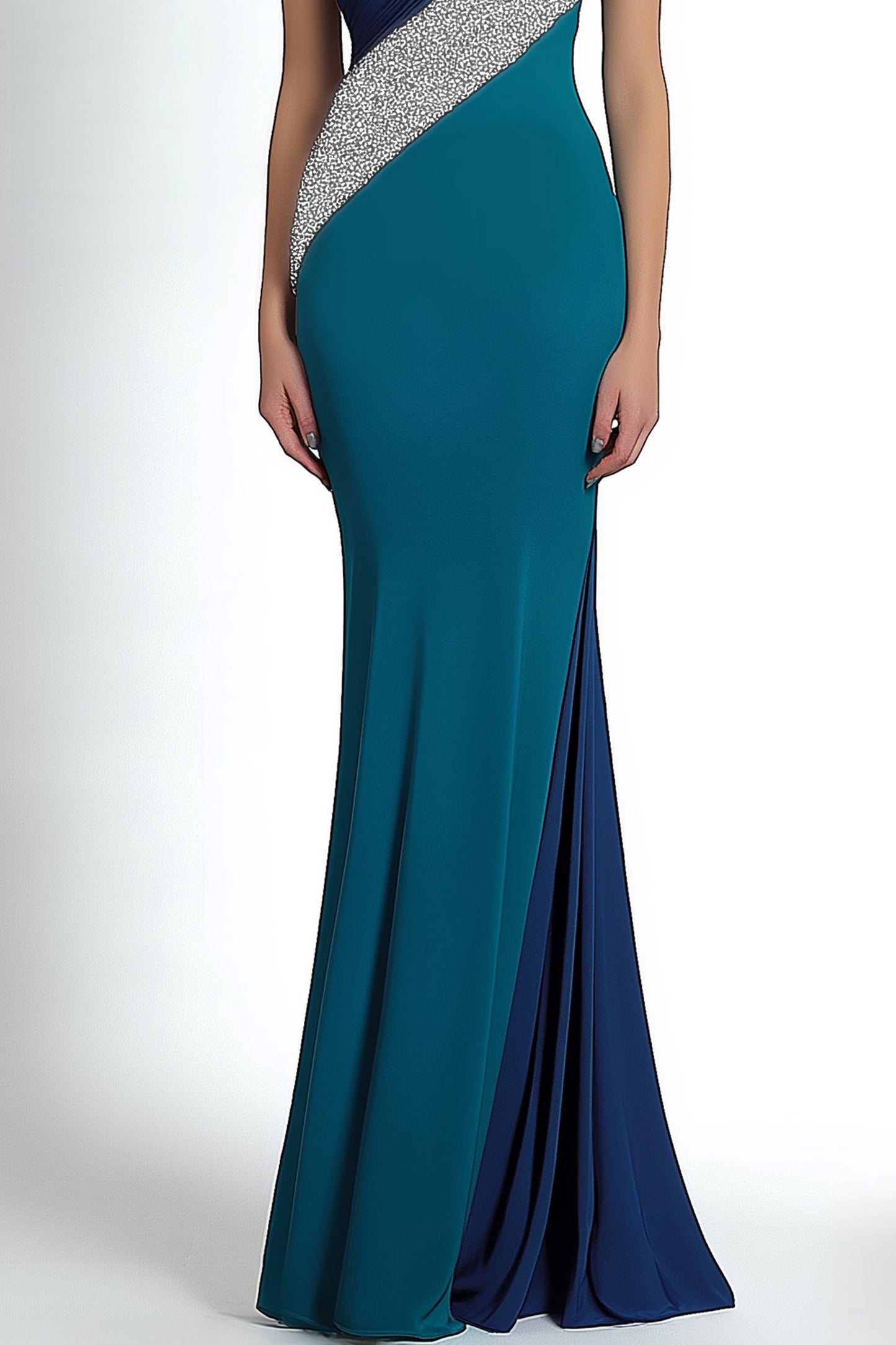 Formal Dress Blue Green One-Shoulder Silver Accented Floor-Length Gown