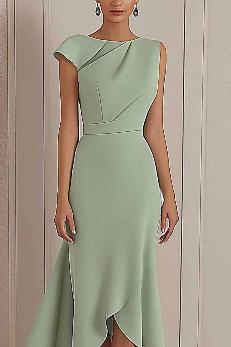 Daily Party Dress Sage Green Round Neck Asymmetric Midi Dress