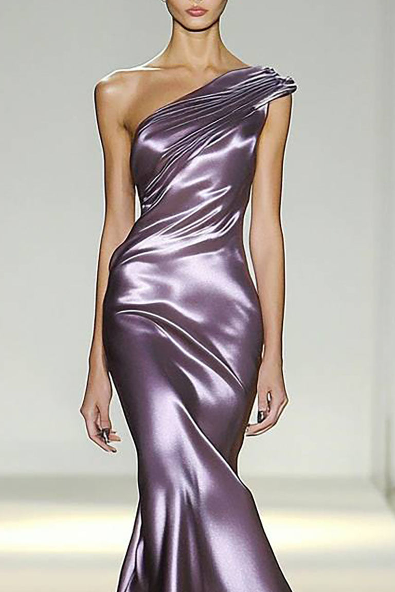 Evening Party Satin Dress Purple One-Shoulder Pleated Maxi Dress
