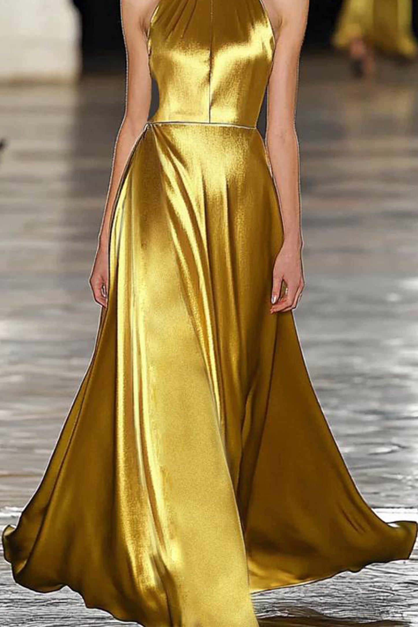 Formal Evening Gold Dress Sleeveless Halter Satin Floor-Length Dress