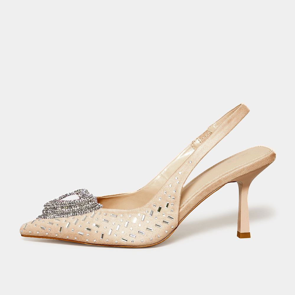 Beige Pointed Toe Kitten Heel Rhinestone Slingback Pumps