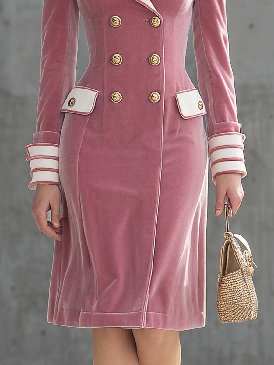 Elegant Vintage Exquisite Contrast Lapel Double-breasted Light Pink Velvet Midi Dress