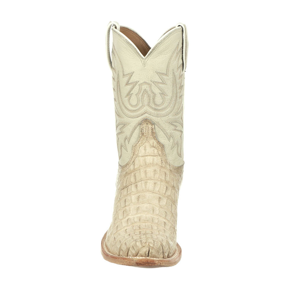 Beige Croco Embossed Pointed Toe Mid-Calf Embroidered Chunky Boots