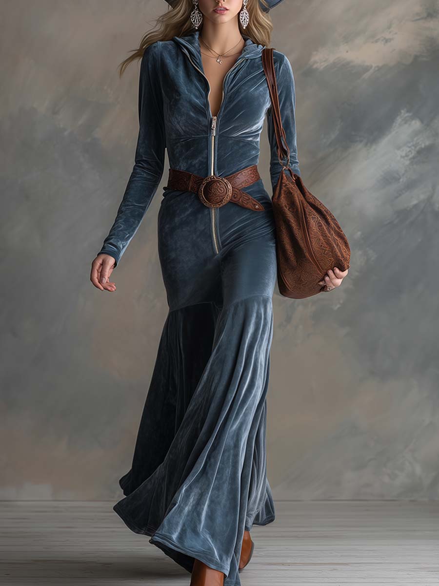 Elegant Haze Blue Hooded Front Zipper Waistband Long Sleeve Wide Leg Jumpsuit