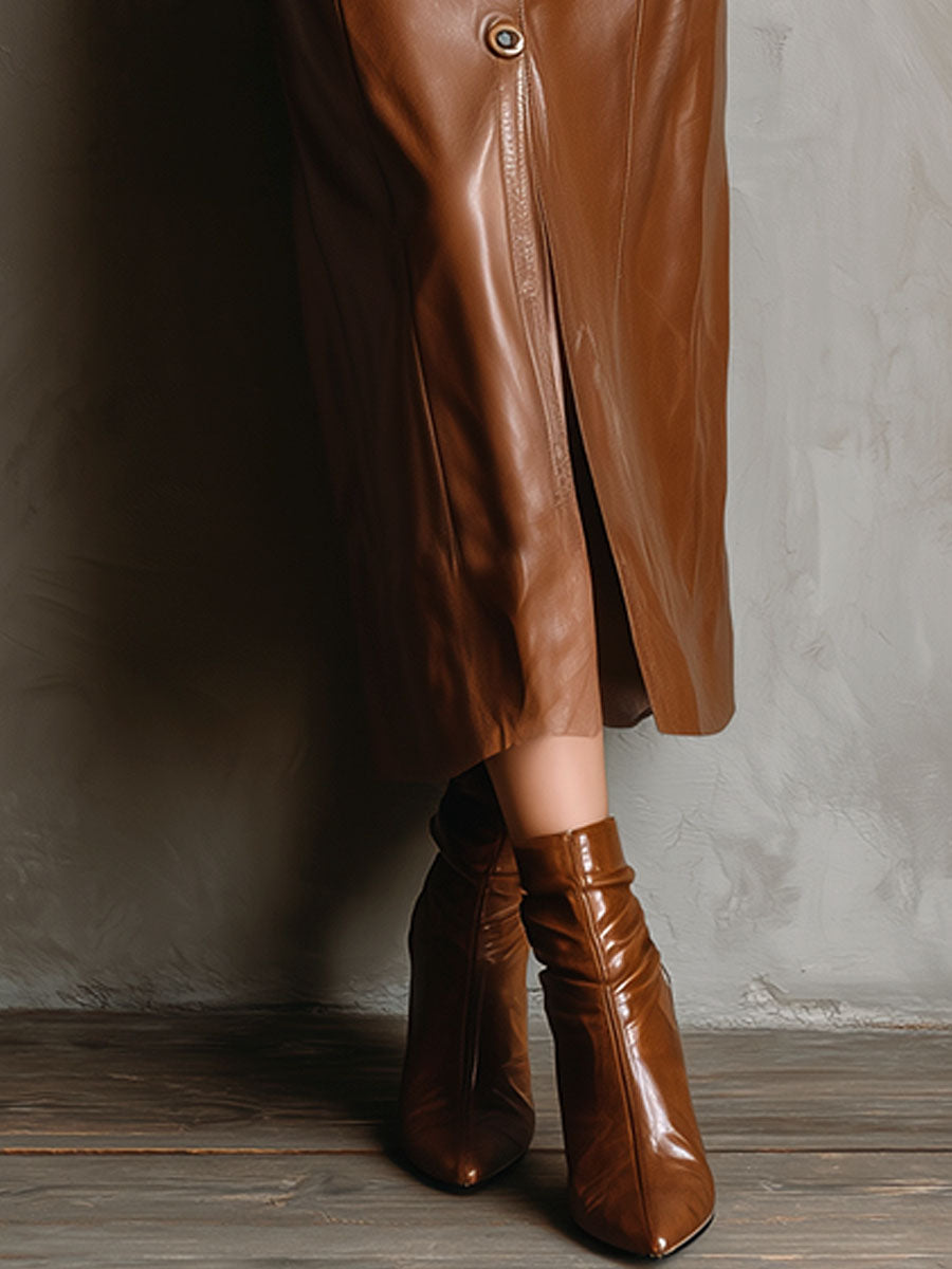 Front Button High-Waisted Brown Eco Leather Midi Skirt With Pockets