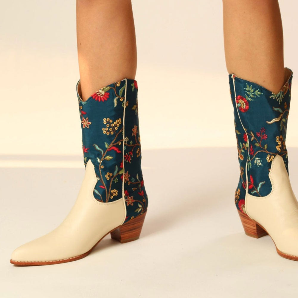 Beige and Teal Embroidered Pointed Toe Back Zipper Flower Cowboy Boots