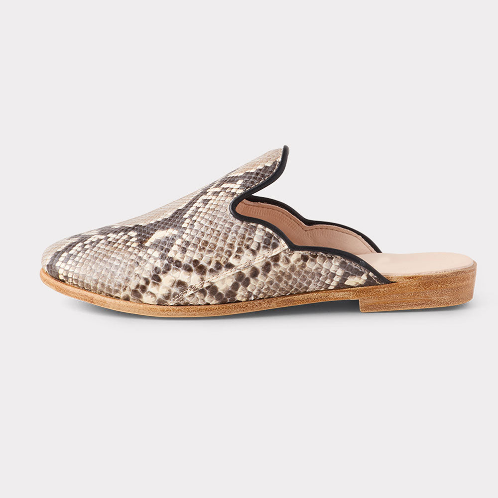 Beige & Black Python Embossed Round Toe Slip-On Flat Mules Shoes