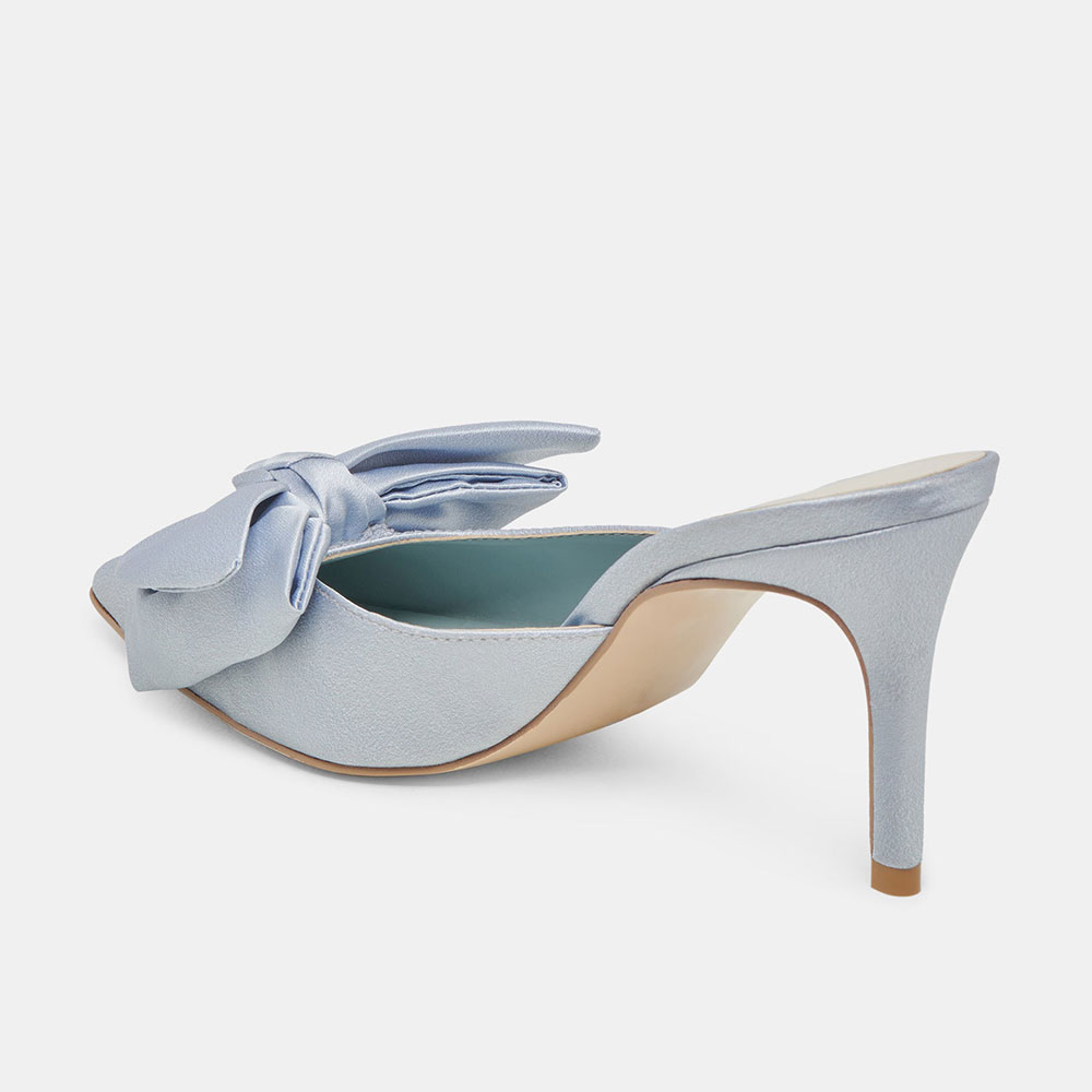 Elegant Satin Pointed Toe Stiletto Heel Bow Mules Shoes in Light Blue
