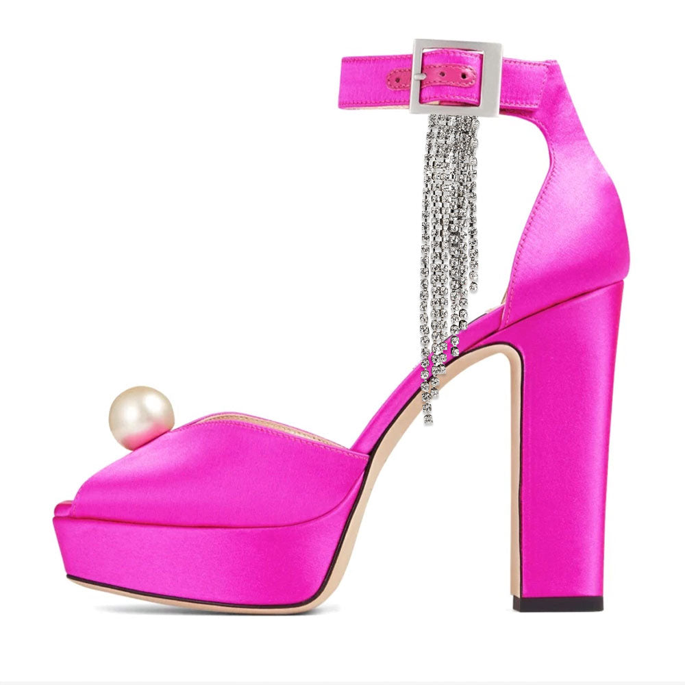 Fuchsia Satin Peep Toe Chunky Heel Y2K Platform Sandals with Tassels