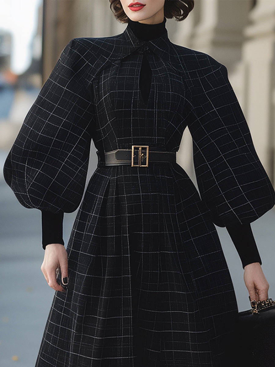 Elegant Wool-blend Black Plaid Belted Maxi Dress
