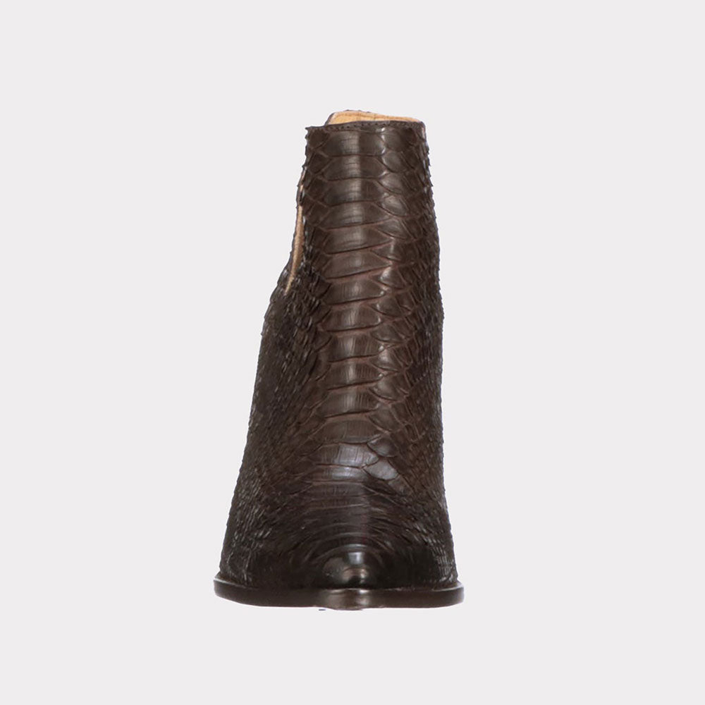 Deep-V Python Pattern Block Heel Chocolate Brown Pointed Toe Boots