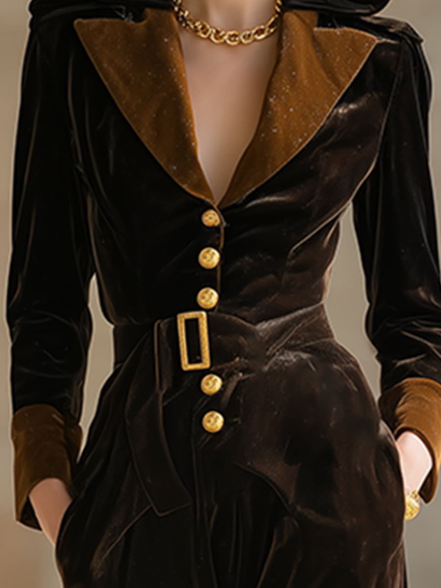 Elegant Retro Chocolate Brown Hooded Velvet Belted Long Sleeve Jumpsuit