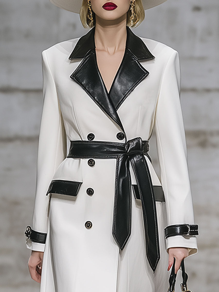 Elegant Urban Lapel White Stitching Faux Leather Mid-Length Coat