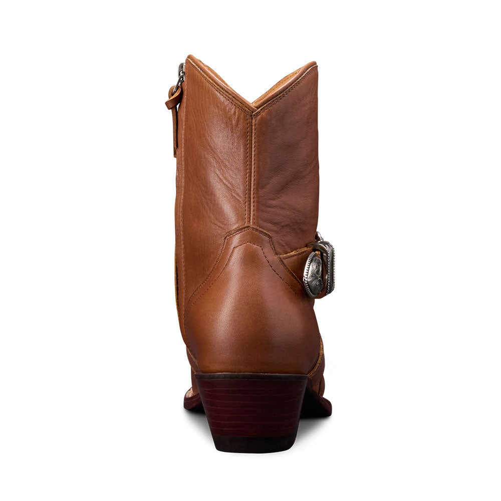 Elegant Snip Toe Criss-Cross Strap Ankle Length Cowgirl Boots in Brown