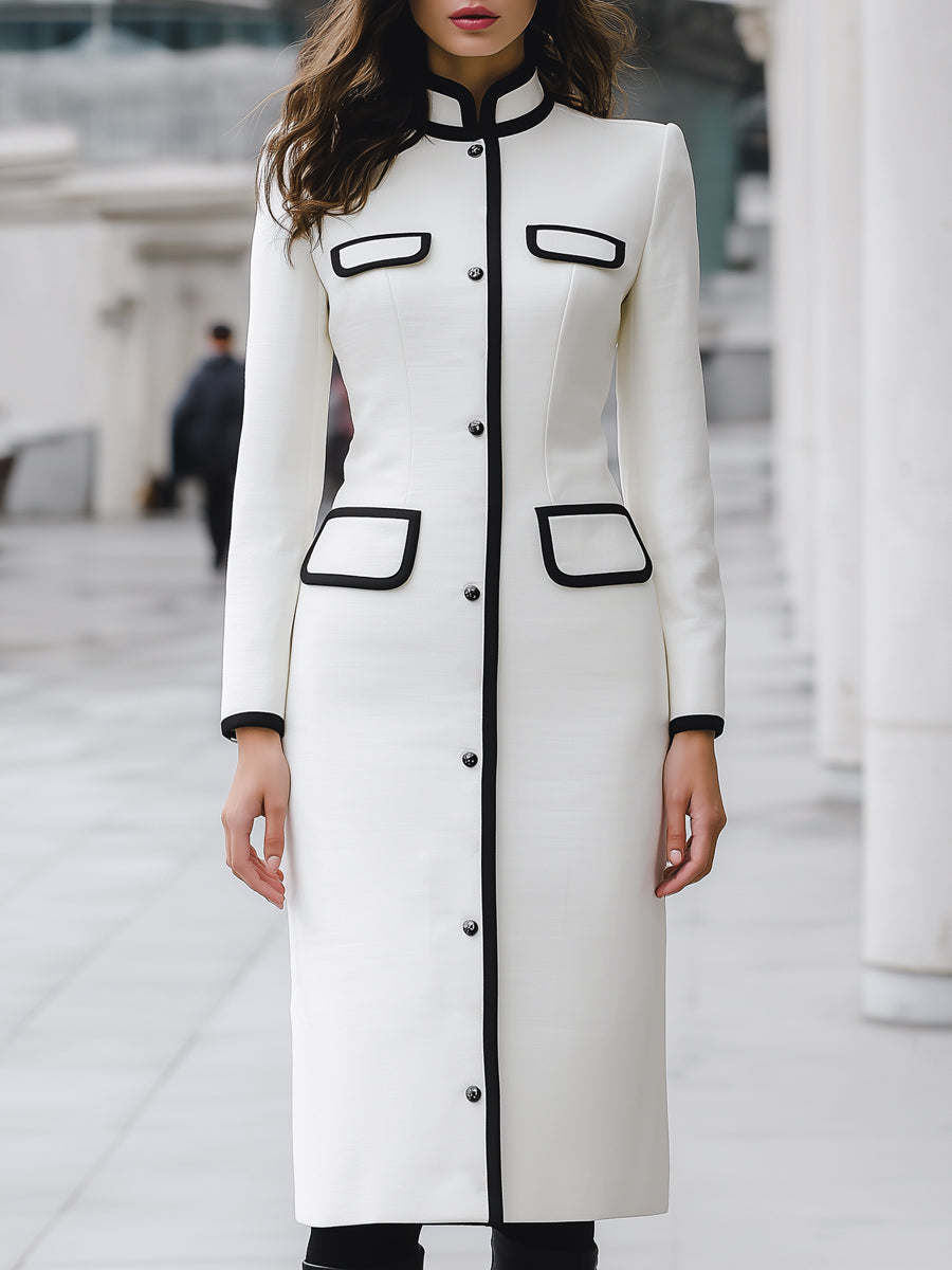 Elegant Contrast-Trim Long Sleeves Dress