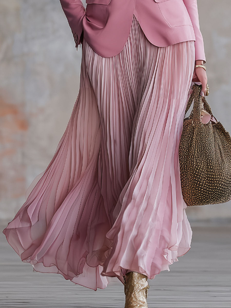 Elegant Pink Belted Blazer And Pleated Skirt Set