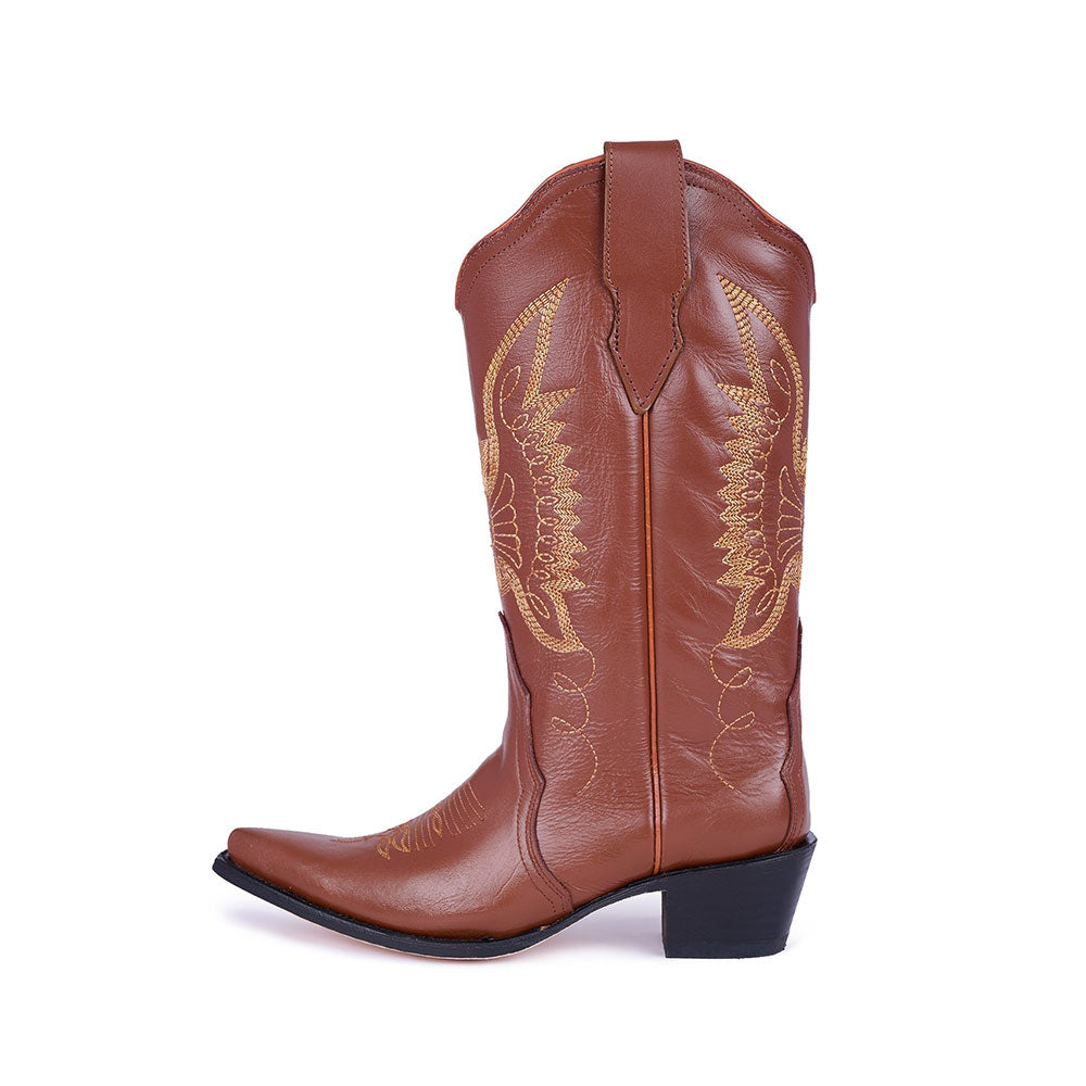 Embroidered Bird Mid-Calf Snip Toe Brown Cowgirl Boots for Women